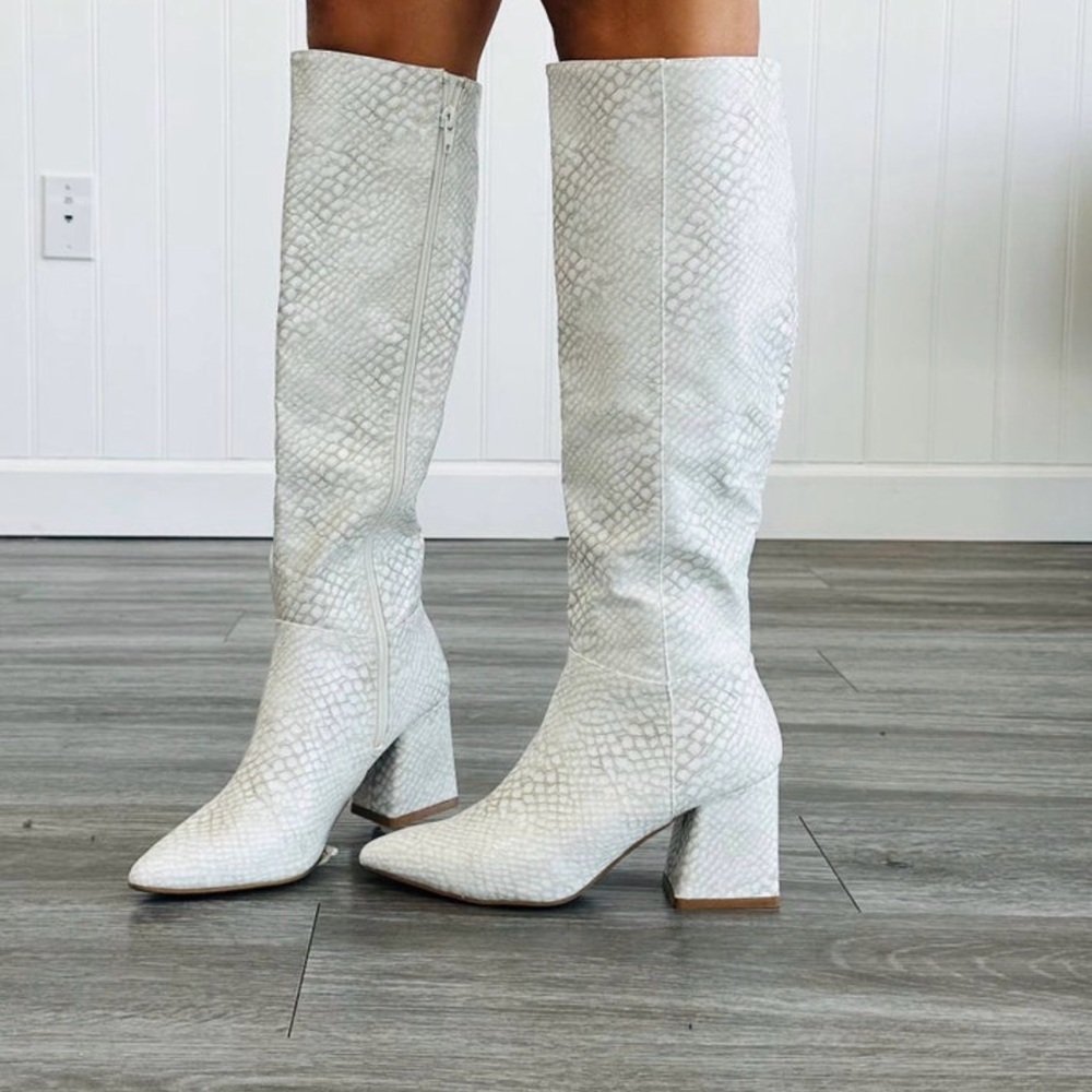 BAMBOO White Textured Knee-High Boots